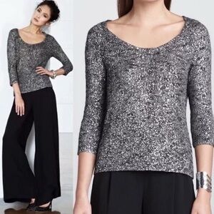 Eileen Fisher Linen Midi Sleeve Slub Knit Top Size PP XS Gray Karma Shimmer